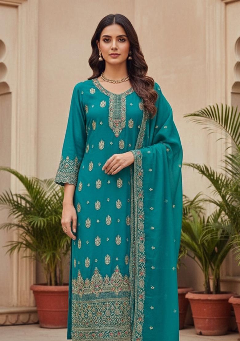 Sea Green Embroidered Georgette Dress Material - Indya