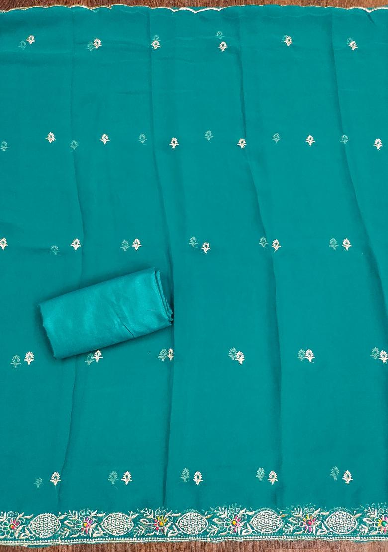 Sea Green Embroidered Georgette Dress Material - Indya