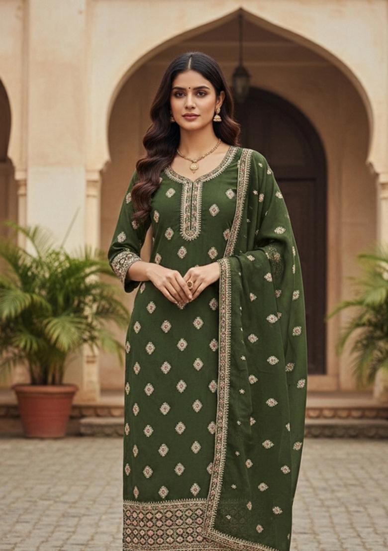 Green Embroidered Georgette Dress Material - Indya
