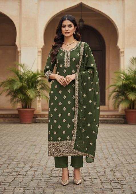 Green Embroidered Georgette Dress Material
