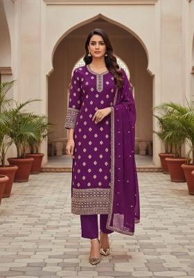 Purple Embroidered Georgette Dress Material