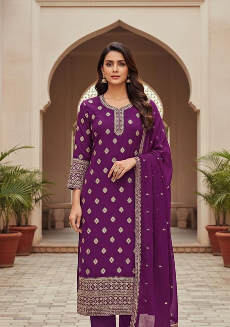 Purple Embroidered Georgette Dress Material - Indya