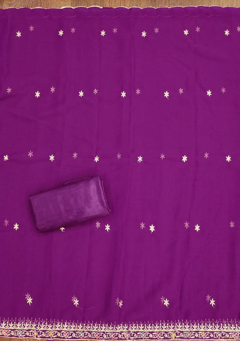 Purple Embroidered Georgette Dress Material - Indya