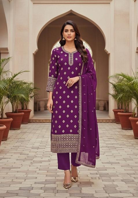Purple Embroidered Georgette Dress Material