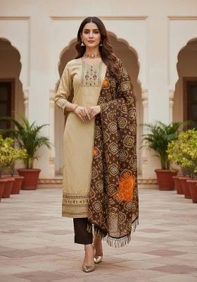 Beige Embroidered Silk Dress Material