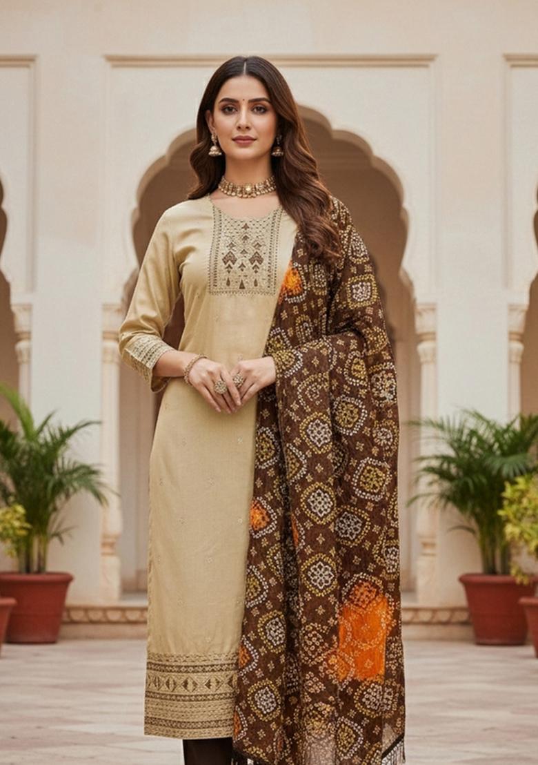Beige Embroidered Silk Dress Material - Indya