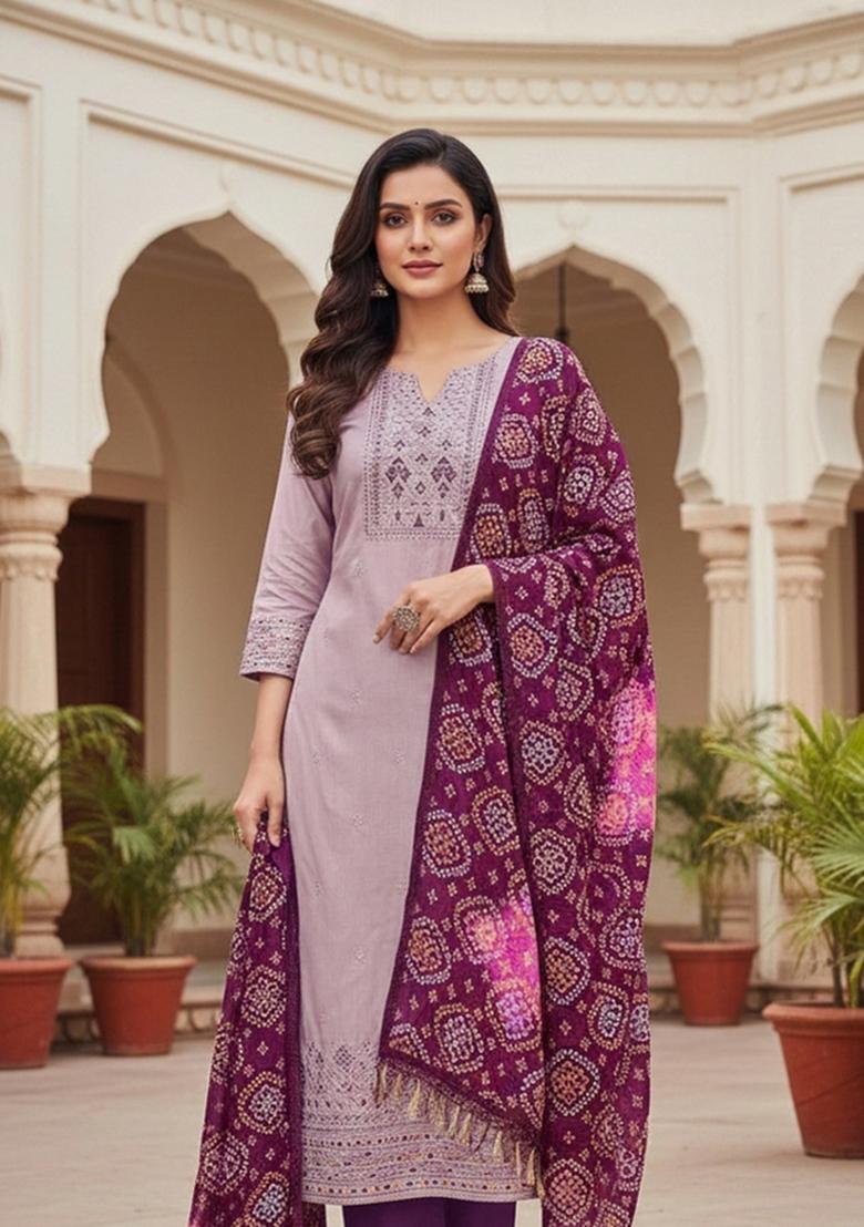 Baby Pink Embroidered Silk Dress Material - Indya