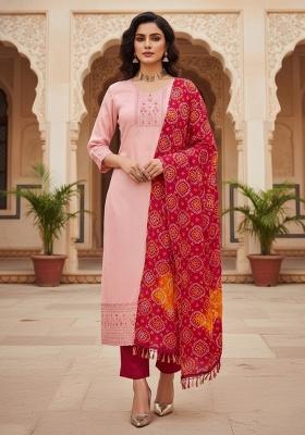 Pink Embroidered Silk Dress Material