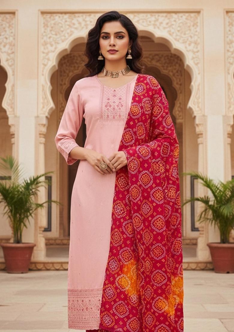 Pink Embroidered Silk Dress Material - Indya