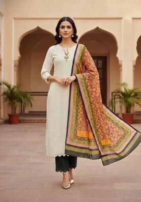 White Embroidered Cotton Blend Dress Material