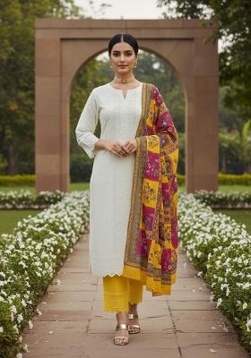 White Embroidered Cotton Blend Dress Material