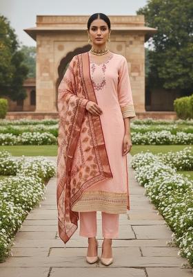 Peach Embroidered Silk Dress Material
