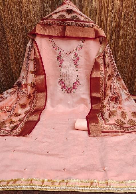 Peach Embroidered Silk Dress Material