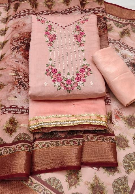 Peach Embroidered Silk Dress Material