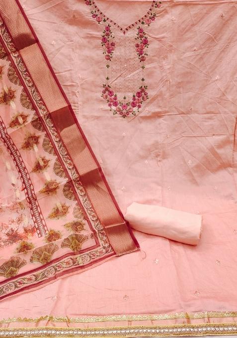 Peach Embroidered Silk Dress Material