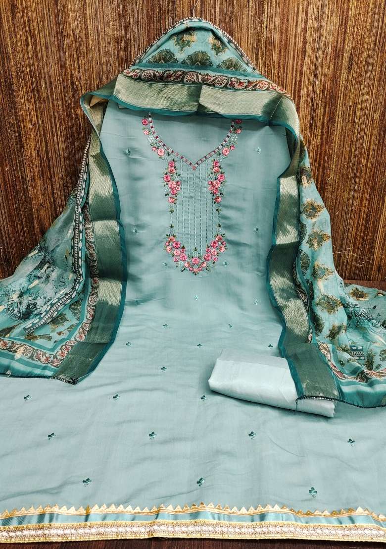 Sea Green Embroidered Silk Dress Material - Indya