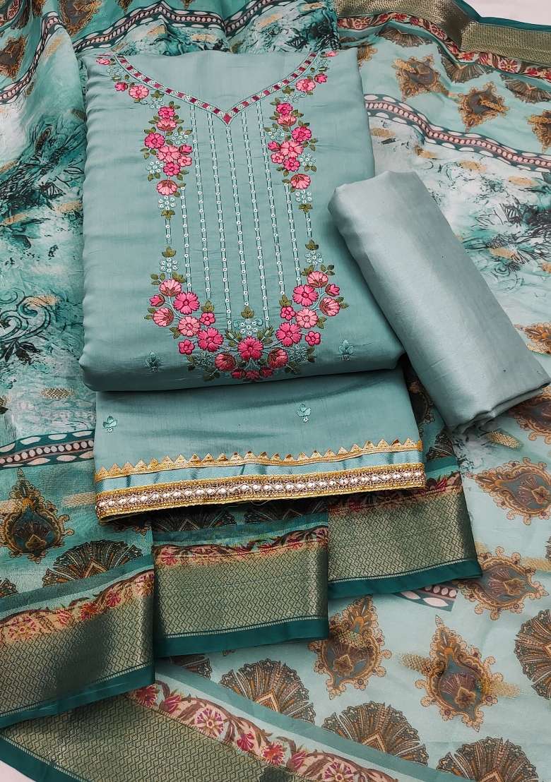Sea Green Embroidered Silk Dress Material - Indya