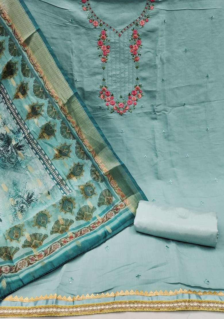 Sea Green Embroidered Silk Dress Material - Indya