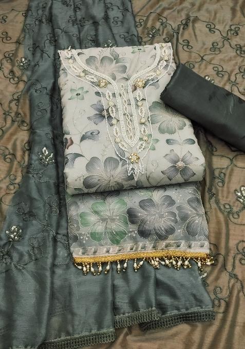 Multicolor Embroidered Oragnza Dress Material