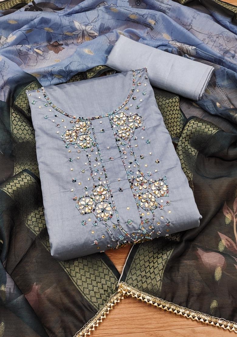 Grey Embroidered Silk Dress Material