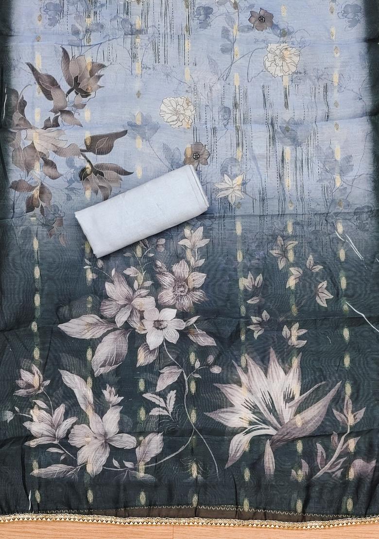 Grey Embroidered Silk Dress Material