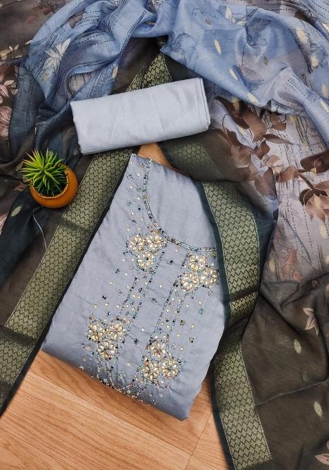 Grey Embroidered Silk Dress Material