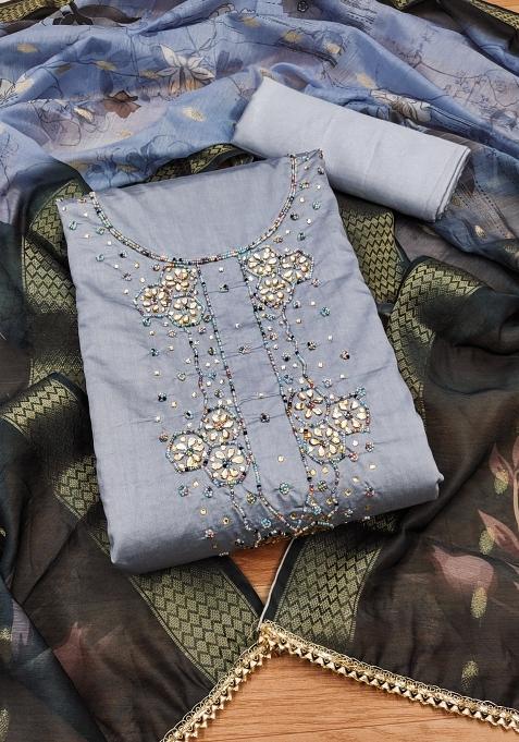 Grey Embroidered Silk Dress Material