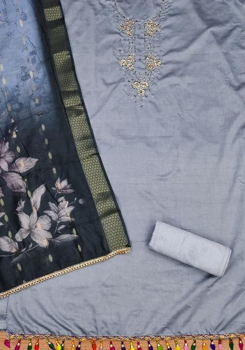 Grey Embroidered Silk Dress Material