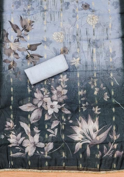 Grey Embroidered Silk Dress Material