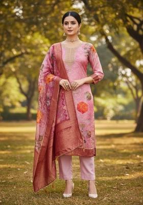 Multicolor Embroidered Oragnza Dress Material