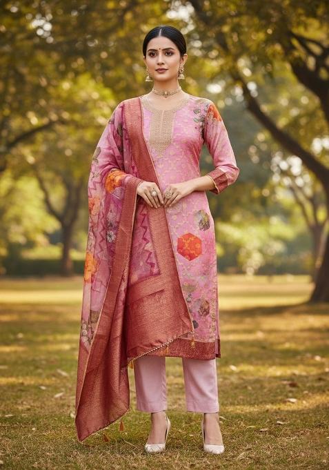Multicolor Embroidered Oragnza Dress Material