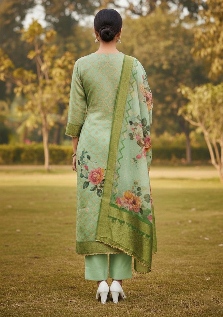 Multicolor Embroidered Oragnza Dress Material - Indya