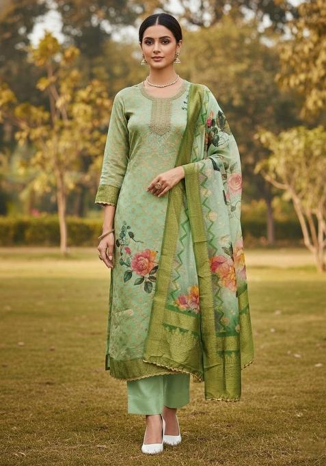 Multicolor Embroidered Oragnza Dress Material
