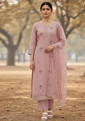 Baby Pink Embroidered Georgette Dress Material