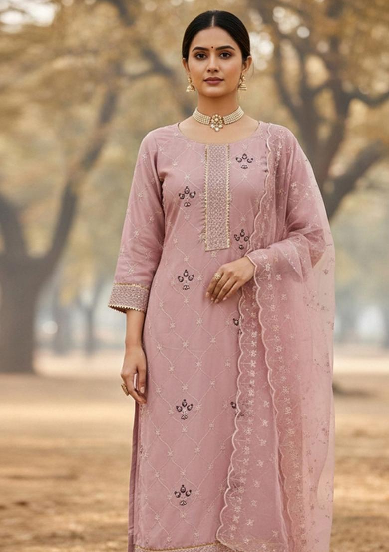 Baby Pink Embroidered Georgette Dress Material - Indya