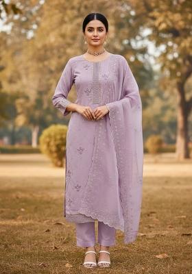 Lavender Embroidered Georgette Dress Material