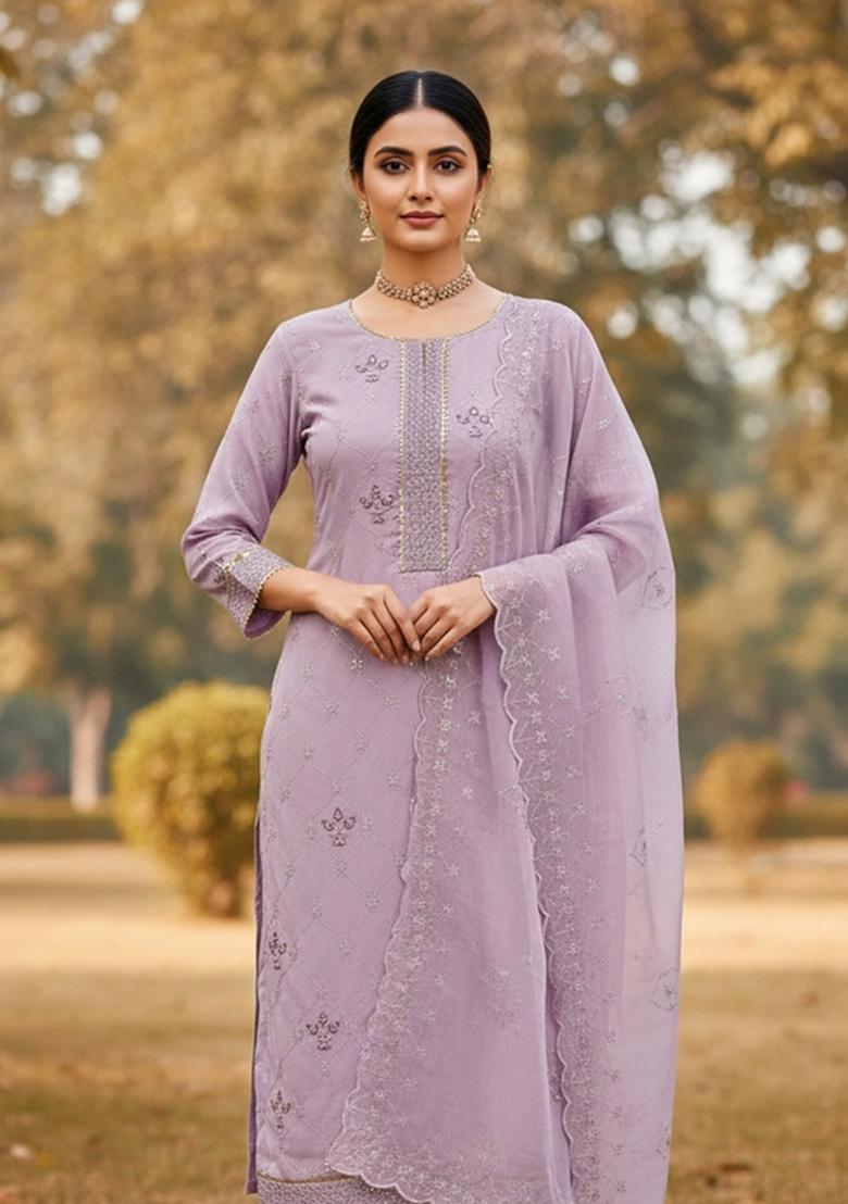 Lavender Embroidered Georgette Dress Material - Indya