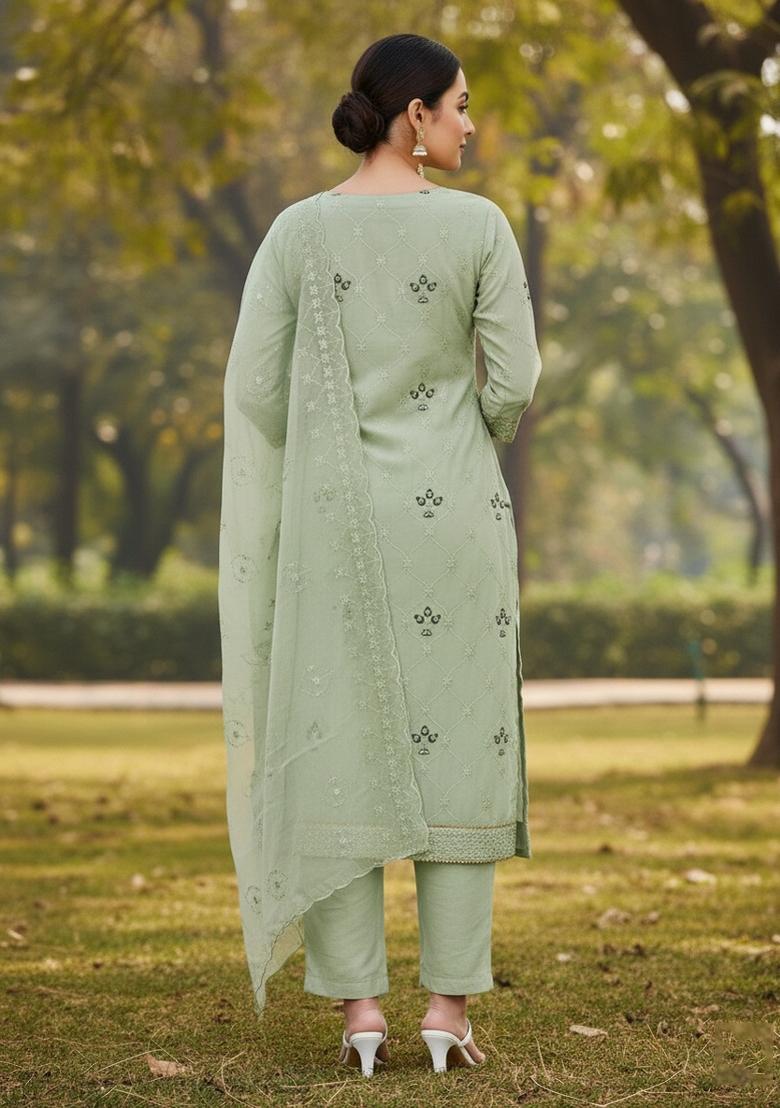 Sea Green Embroidered Georgette Dress Material - Indya