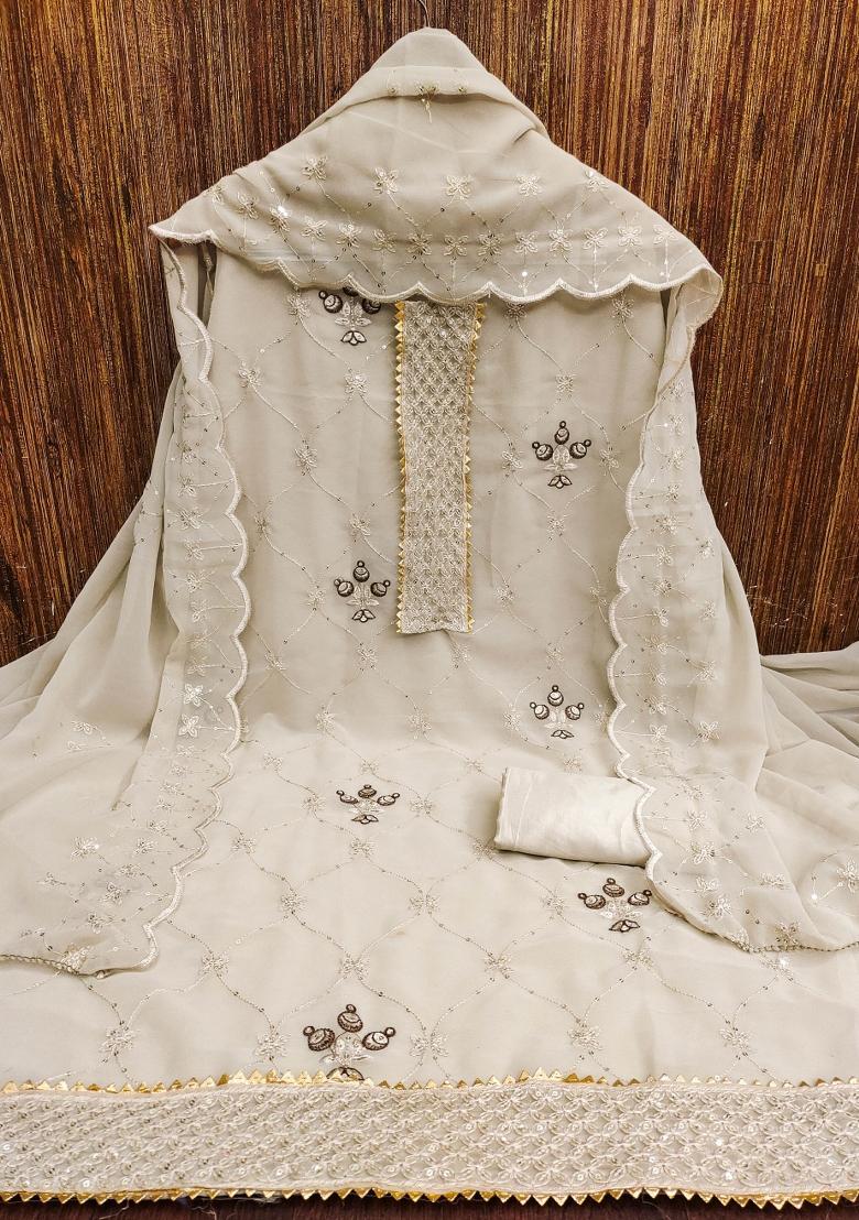 White Embroidered Georgette Dress Material