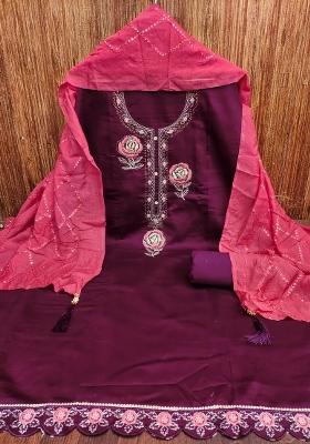 Magenta Embroidered Cotton Blend Dress Material