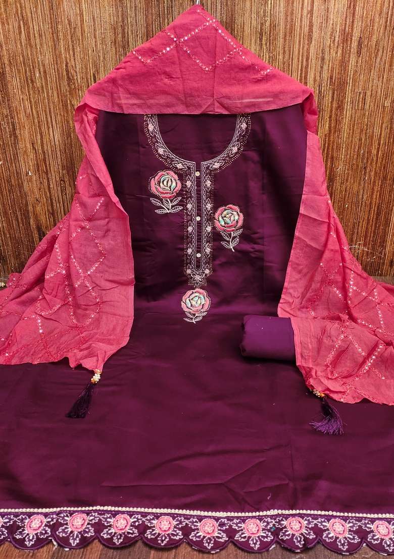 Magenta Embroidered Blended Straight Kurta Set - Indya