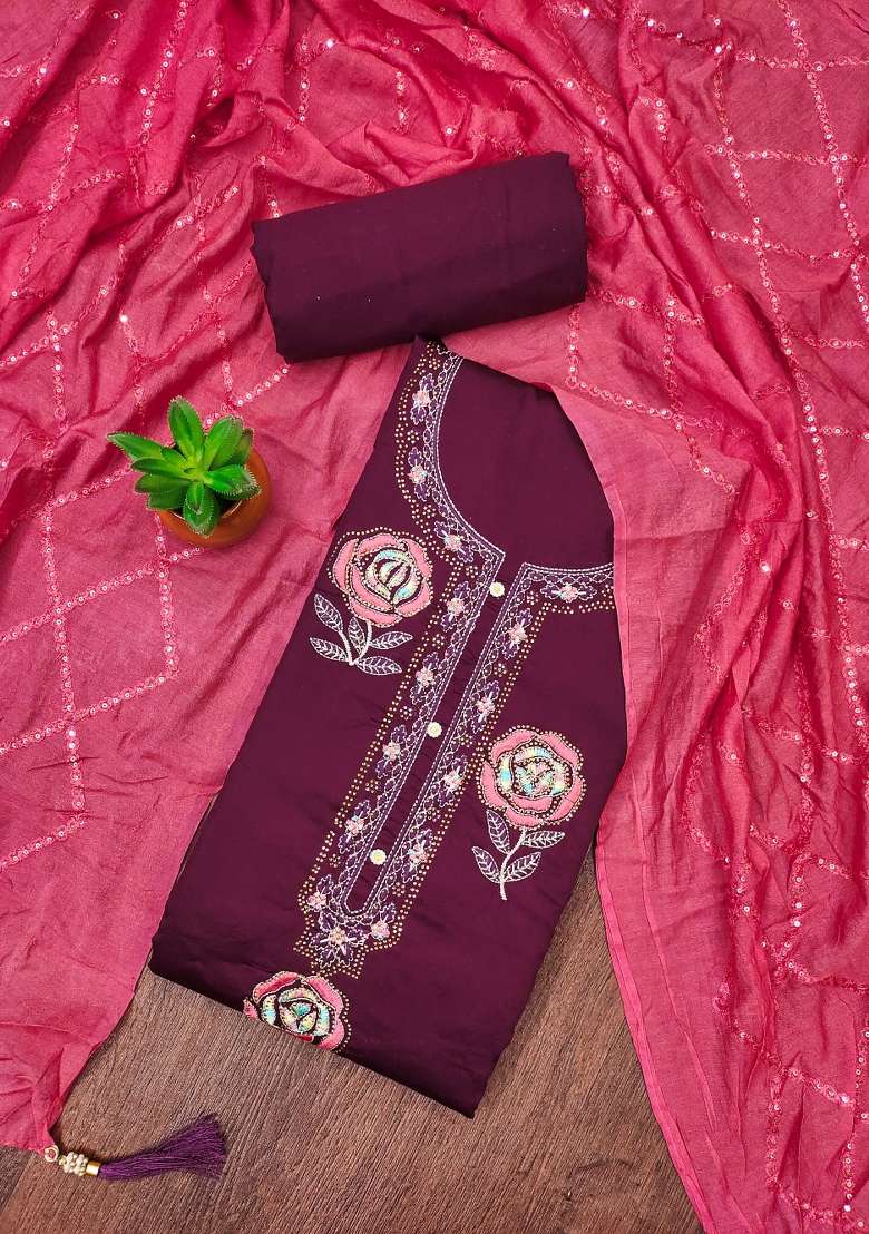 Magenta Embroidered Blended Straight Kurta Set - Indya