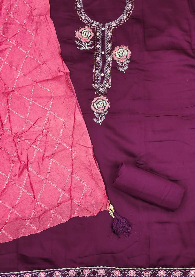 Magenta Embroidered Blended Straight Kurta Set - Indya
