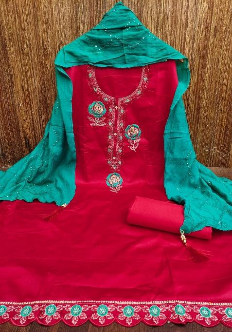 Red Embroidered Blended Straight Kurta Set