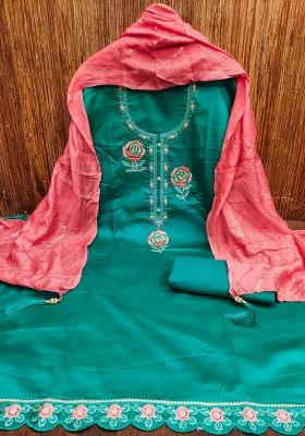 Sea Green Embroidered Cotton Straight Kurta Set