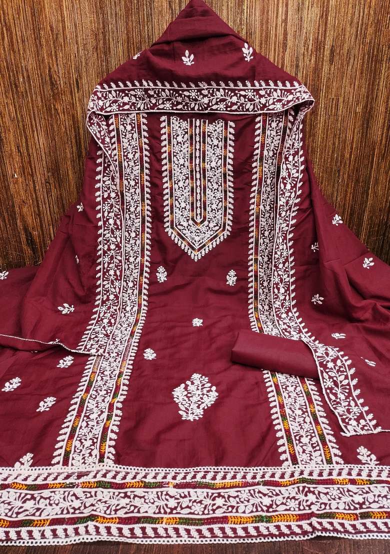 Maroon Chikankari Blended Straight Kurta Set - Indya