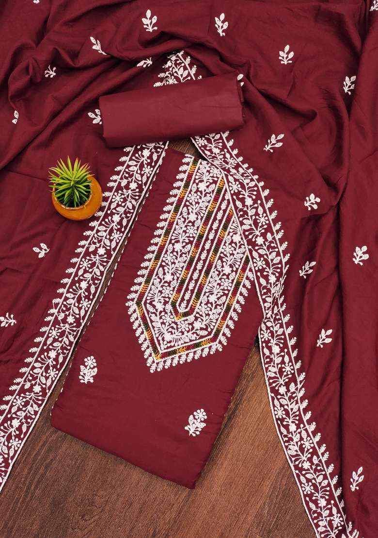 Maroon Chikankari Blended Straight Kurta Set - Indya