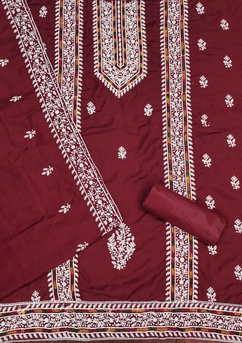 Maroon Chikankari Blended Straight Kurta Set - Indya