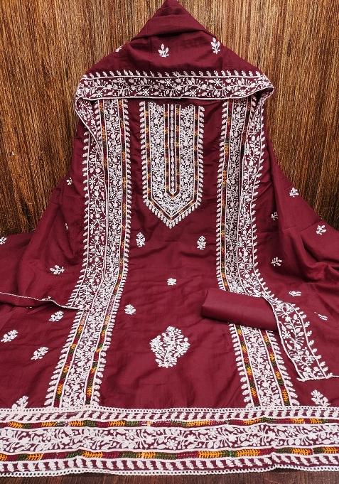 Maroon Embroidered Cotton Blend Dress Material