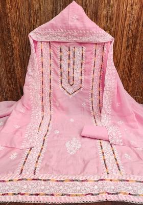 Pink Embroidered Cotton Blend Dress Material